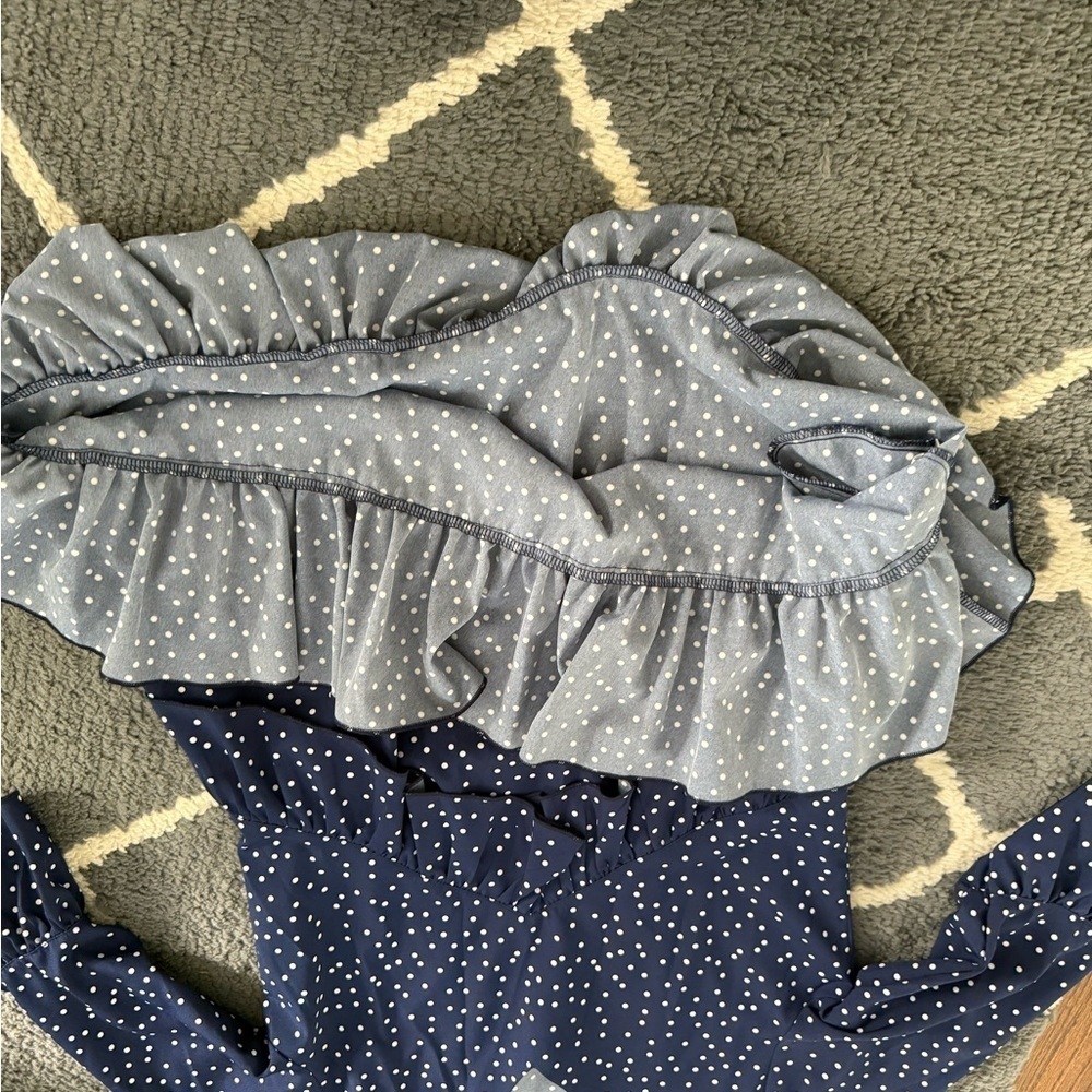 SHEIN Navy/White Polka Dot Print Flounce Sleeve Ruffle Hem Smock Dress - Picture 12 of 13